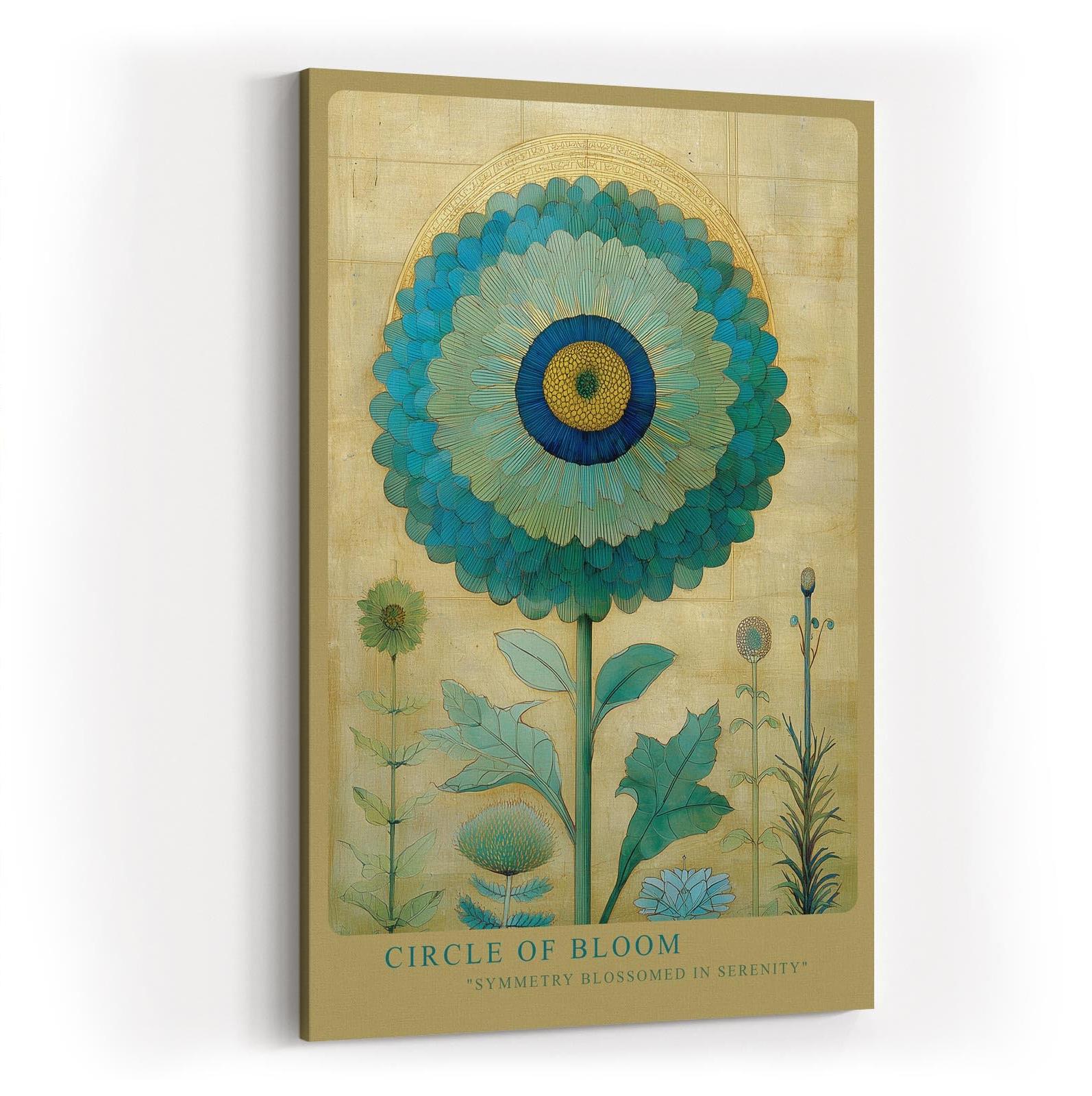 Paul Sinus Wandbild in 40x60cm Circle of Bloom stilisierte Blume in Blauund Grüntönen mit Goldhintergrund elegante Naturkunst auf Leinwand