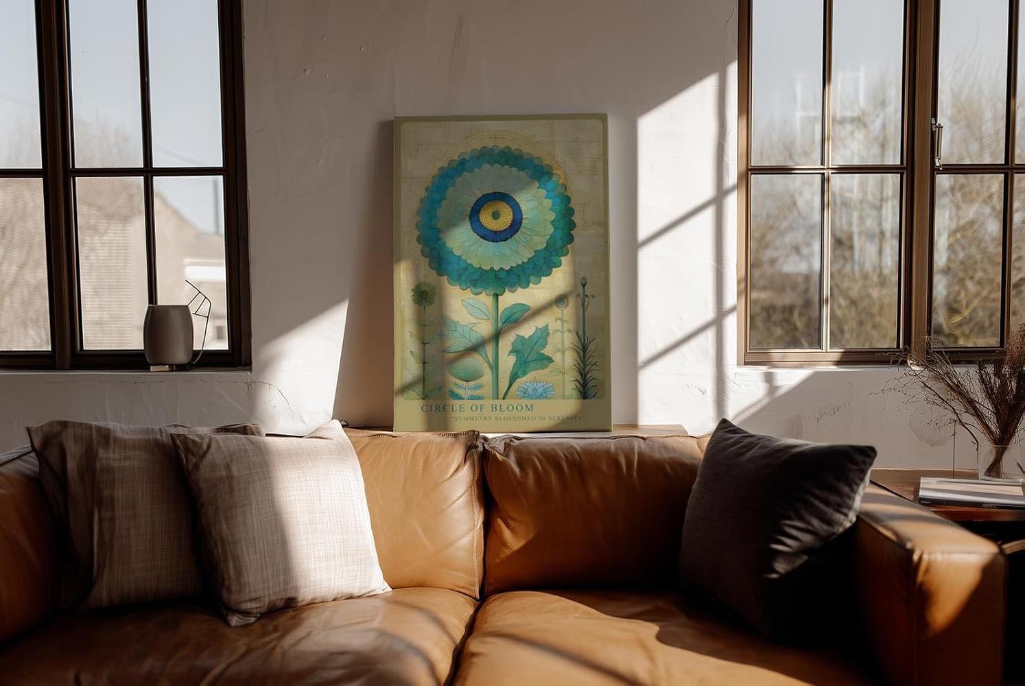 Paul Sinus Wandbild in 40x60cm Circle of Bloom stilisierte Blume in Blauund Grüntönen mit Goldhintergrund elegante Naturkunst auf Leinwand