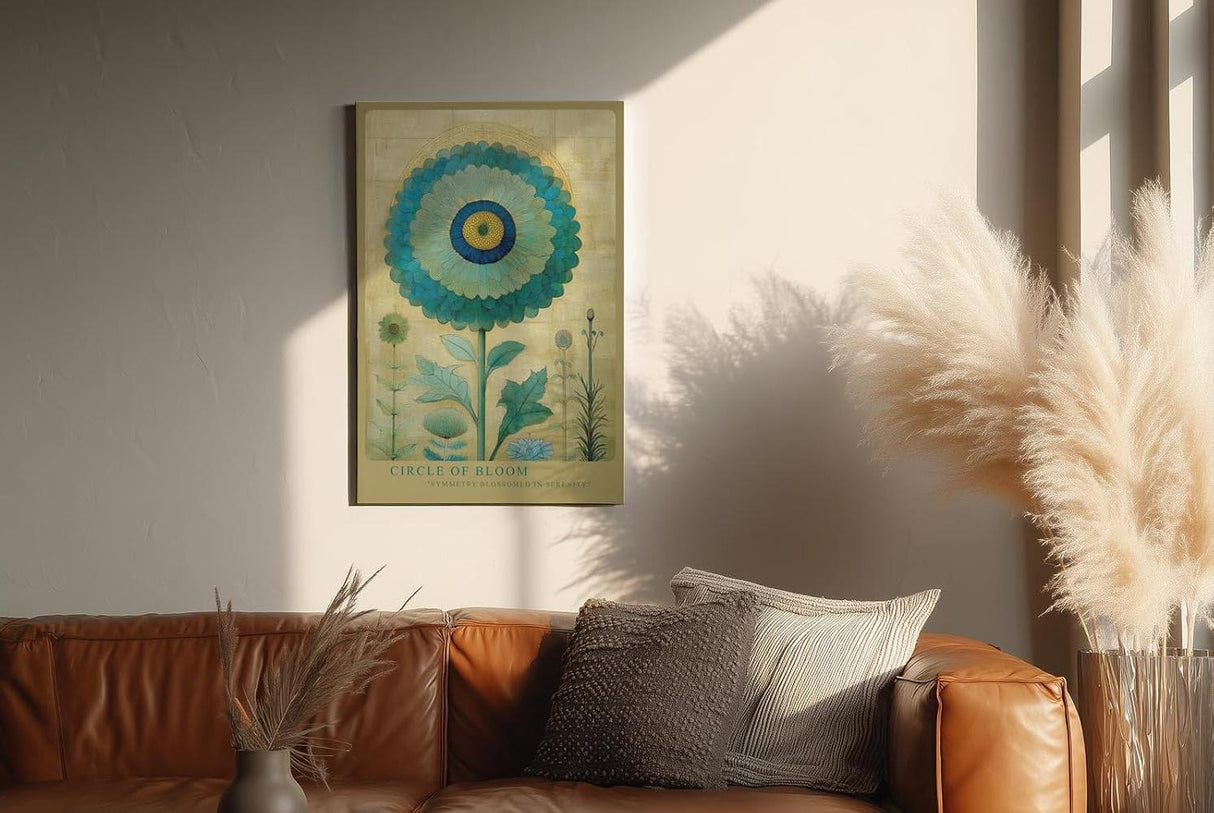 Paul Sinus Wandbild in 40x60cm Circle of Bloom stilisierte Blume in Blauund Grüntönen mit Goldhintergrund elegante Naturkunst auf Leinwand