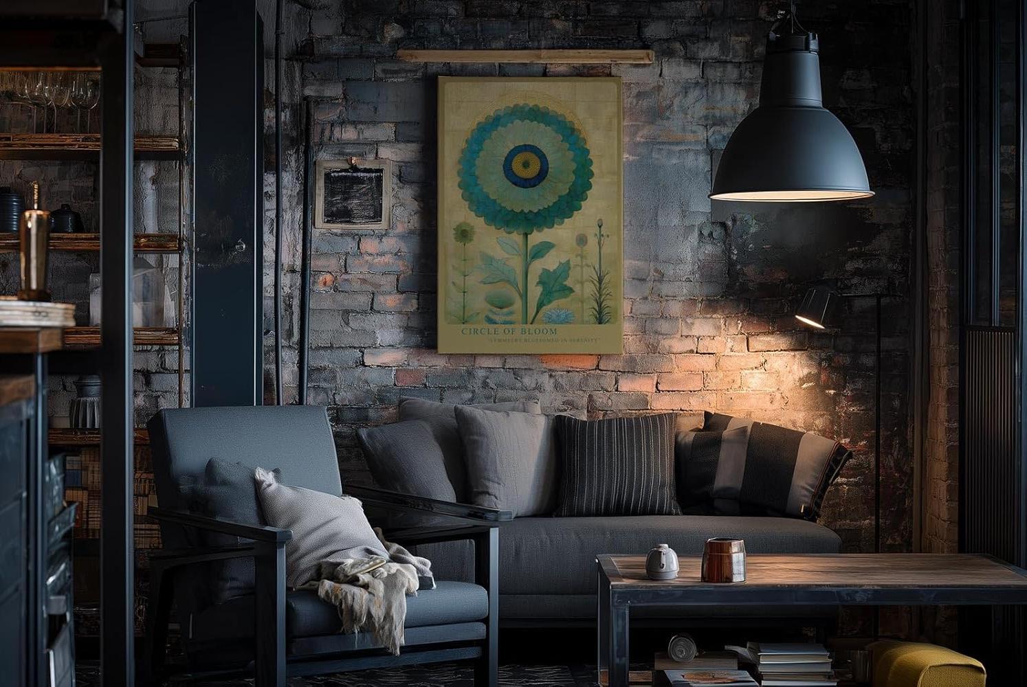 Paul Sinus Wandbild in 40x60cm Circle of Bloom stilisierte Blume in Blauund Grüntönen mit Goldhintergrund elegante Naturkunst auf Leinwand