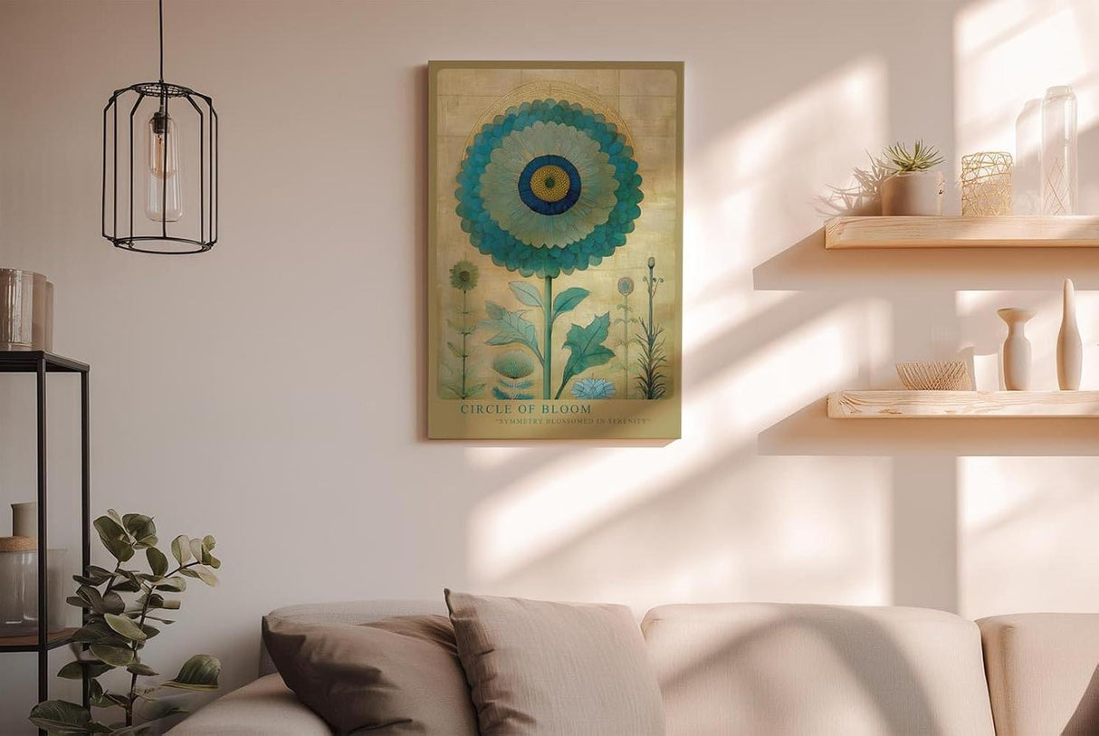 Paul Sinus Wandbild in 40x60cm Circle of Bloom stilisierte Blume in Blauund Grüntönen mit Goldhintergrund elegante Naturkunst auf Leinwand