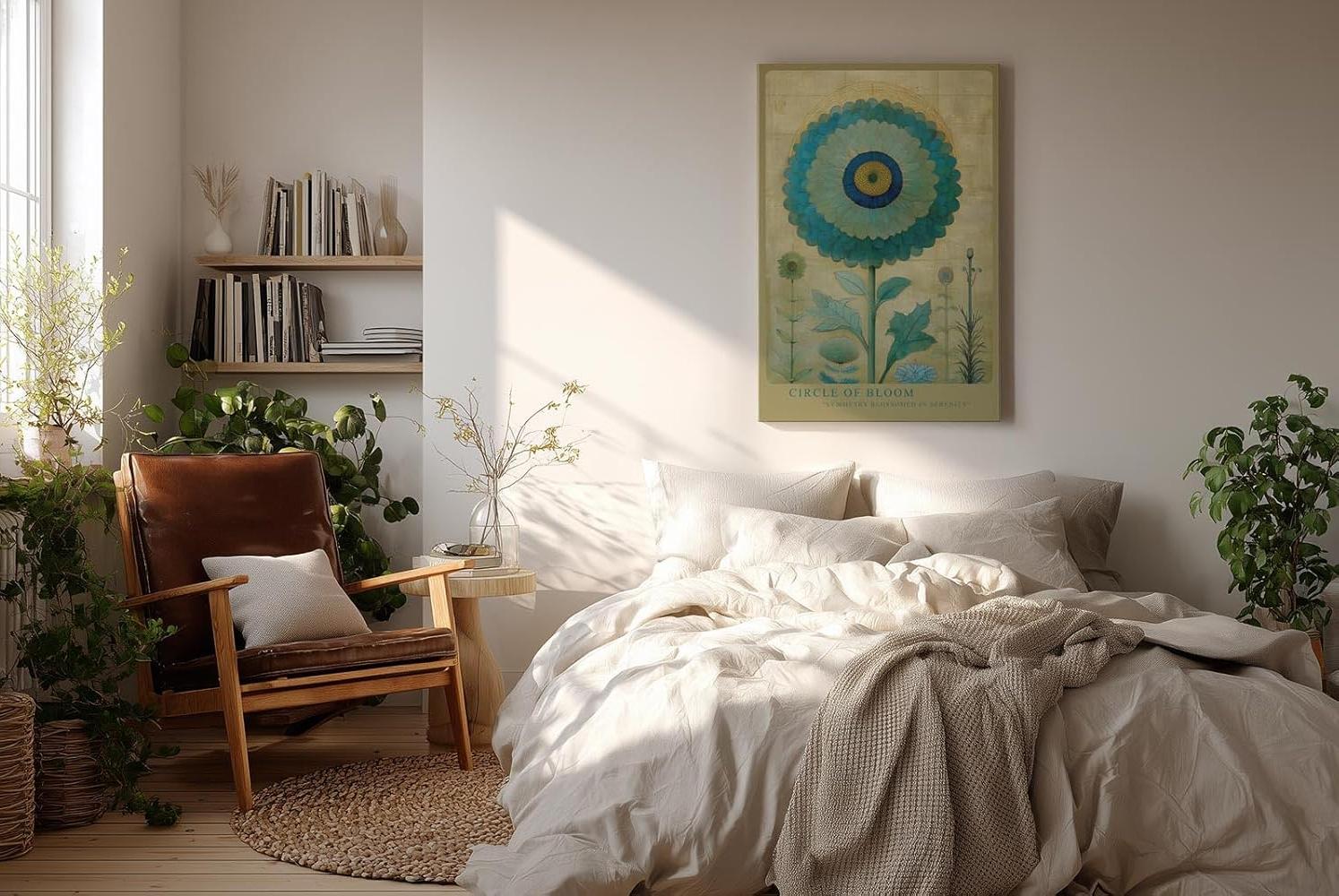 Paul Sinus Wandbild in 40x60cm Circle of Bloom stilisierte Blume in Blauund Grüntönen mit Goldhintergrund elegante Naturkunst auf Leinwand