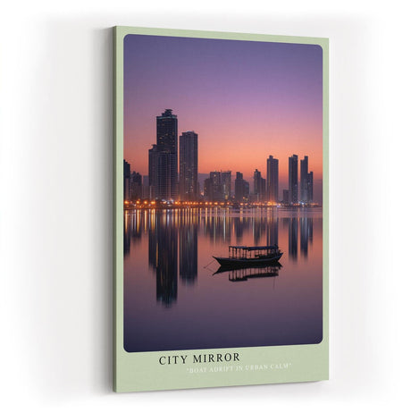 Paul Sinus Wandbild in 40x60cm City Mirror mit ruhiger Stadtsilhouette und Boot im Abendlicht für moderne Wandgestaltung