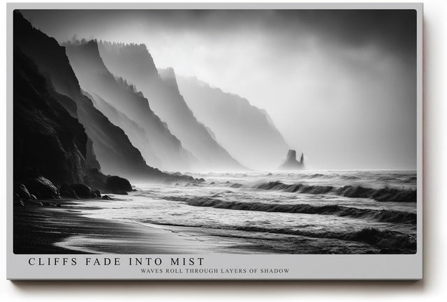 Paul Sinus Wandbild 120x80cm Cliffs Fade into Mist dramatische schwarz weiß Küstenlandschaft mit Klippen und Meer moderne Natur Fotokunst Poster für Wohnzimmer Büro