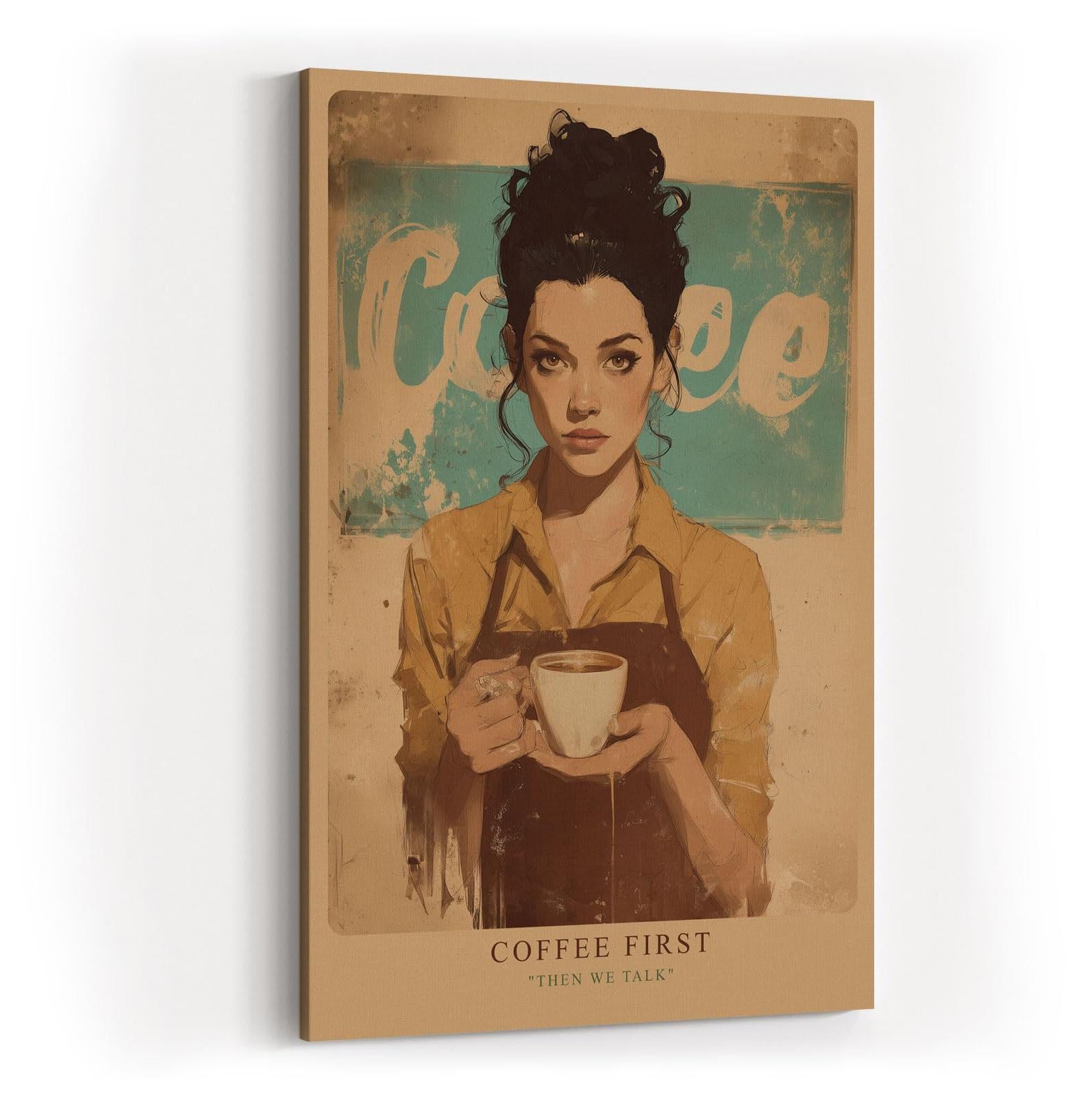 Paul Sinus Wandbild in 40x60cm Coffee First – stilvolles Barista-Porträt mit Kaffeetasse im Vintage-Art-Stil