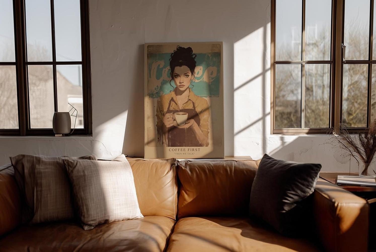 Paul Sinus Wandbild in 40x60cm Coffee First – stilvolles Barista-Porträt mit Kaffeetasse im Vintage-Art-Stil