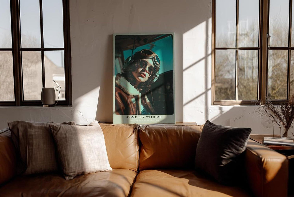 Paul Sinus Wandbild in 40x60cm Come Fly With Me Retro Pilot Woman in Aviator Jacket and Goggles in Sunlit Cockpit
