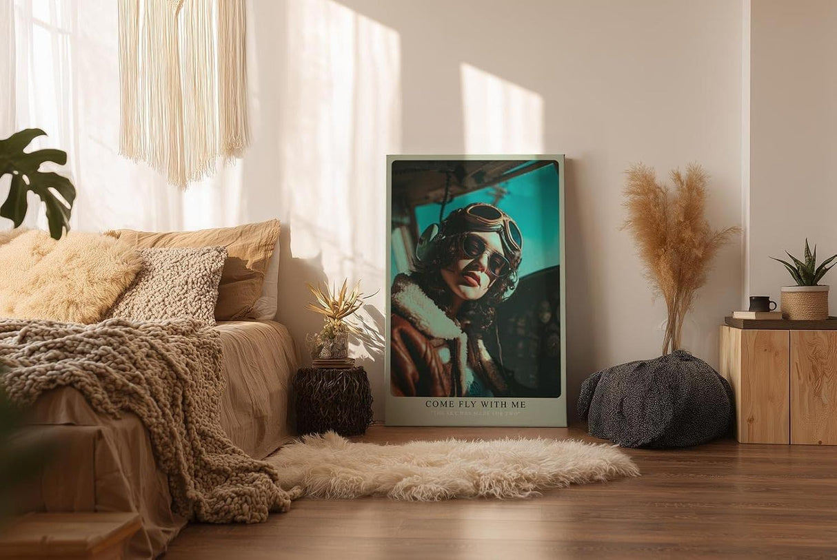 Paul Sinus Wandbild in 40x60cm Come Fly With Me Retro Pilot Woman in Aviator Jacket and Goggles in Sunlit Cockpit