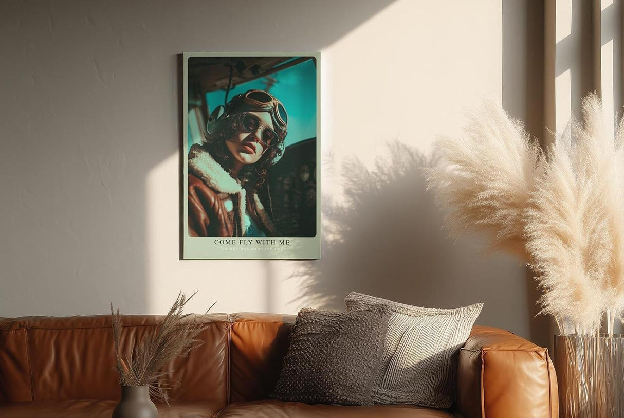 Paul Sinus Wandbild in 40x60cm Come Fly With Me Retro Pilot Woman in Aviator Jacket and Goggles in Sunlit Cockpit