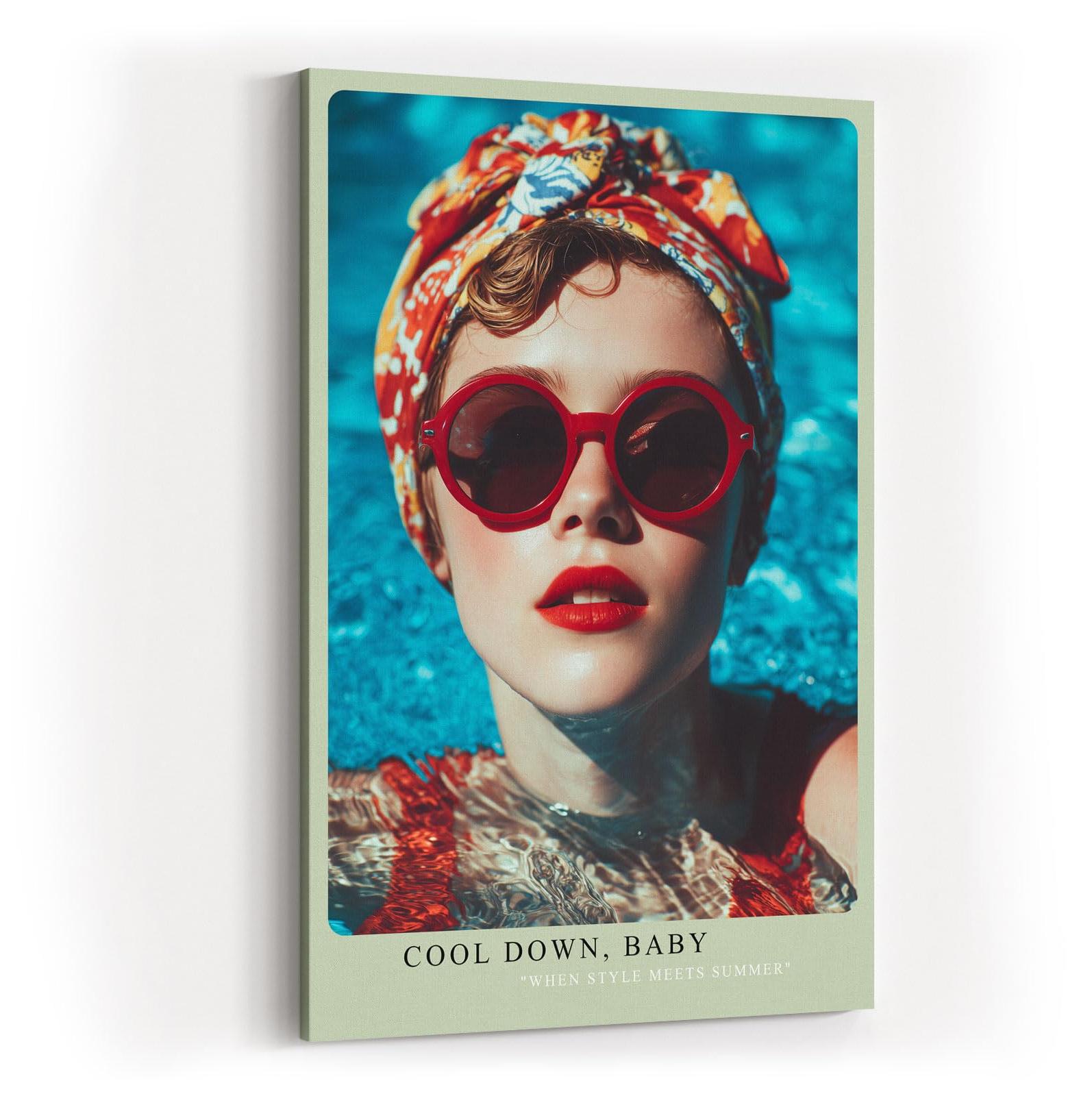 Paul Sinus Wandbild in 40x60cm Cool Down Baby Stylish Woman with Red Sunglasses and Headscarf in Poolside Summer Vibe