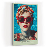 Paul Sinus Wandbild in 40x60cm Cool Down Baby Stylish Woman with Red Sunglasses and Headscarf in Poolside Summer Vibe