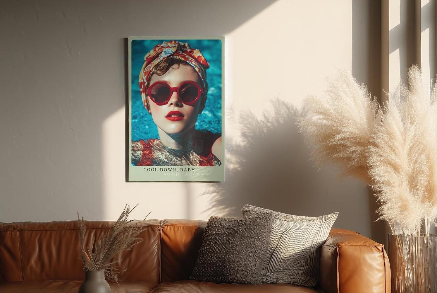 Paul Sinus Wandbild in 40x60cm Cool Down Baby Stylish Woman with Red Sunglasses and Headscarf in Poolside Summer Vibe