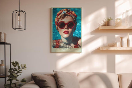 Paul Sinus Wandbild in 40x60cm Cool Down Baby Stylish Woman with Red Sunglasses and Headscarf in Poolside Summer Vibe