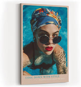 Paul Sinus Wandbild in 40x60cm Cool Down With Style Elegant Woman in Blue Headscarf and Sunglasses in Pool Water