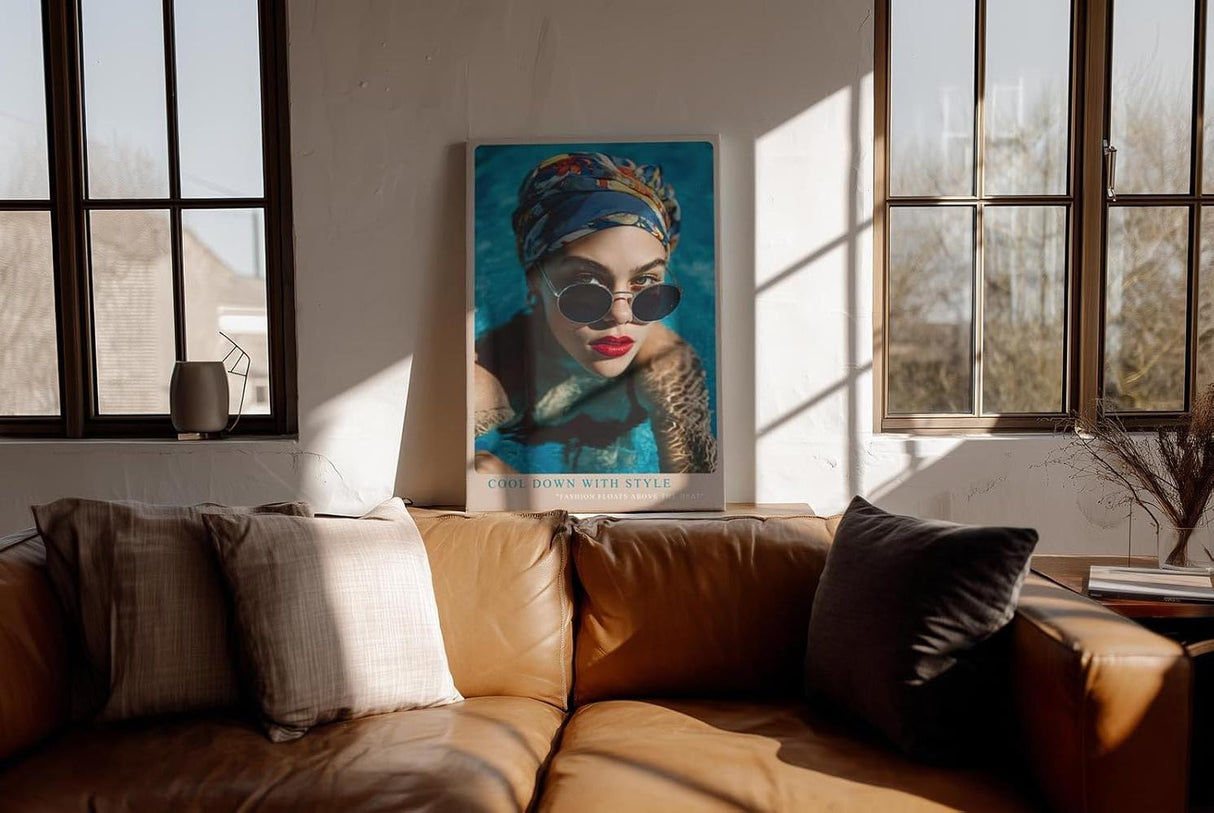 Paul Sinus Wandbild in 40x60cm Cool Down With Style Elegant Woman in Blue Headscarf and Sunglasses in Pool Water