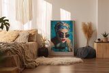 Paul Sinus Wandbild in 40x60cm Cool Down With Style Elegant Woman in Blue Headscarf and Sunglasses in Pool Water