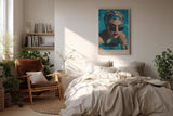 Paul Sinus Wandbild in 40x60cm Cool Down With Style Elegant Woman in Blue Headscarf and Sunglasses in Pool Water