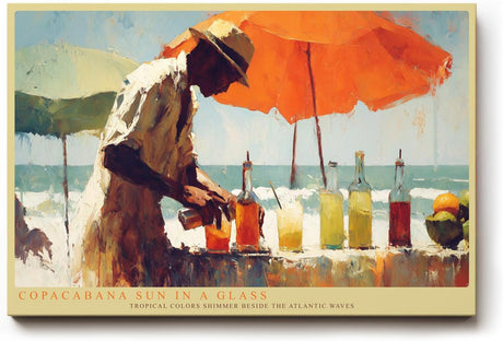 Paul Sinus Wandbild 120x80cm Copacabana Sun in a Glass tropische Strand Szene Cocktail Kunst Poster für Wohnzimmer Küche Bar