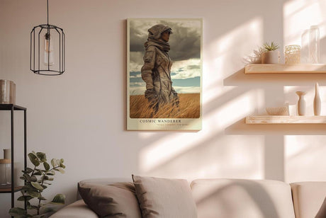 Paul Sinus Wandbild in 40x60cm Cosmic Wanderer – Astronautin in Getreidefeld unter wolkenverhangenem Himmel
