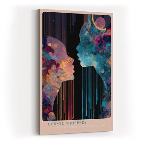Paul Sinus Wandbild in 40x60cm Cosmic Whispers – zwei Silhouetten im Dialog aus farbenreichen, kosmischen Mustern, moderne Kunst mit Tiefe