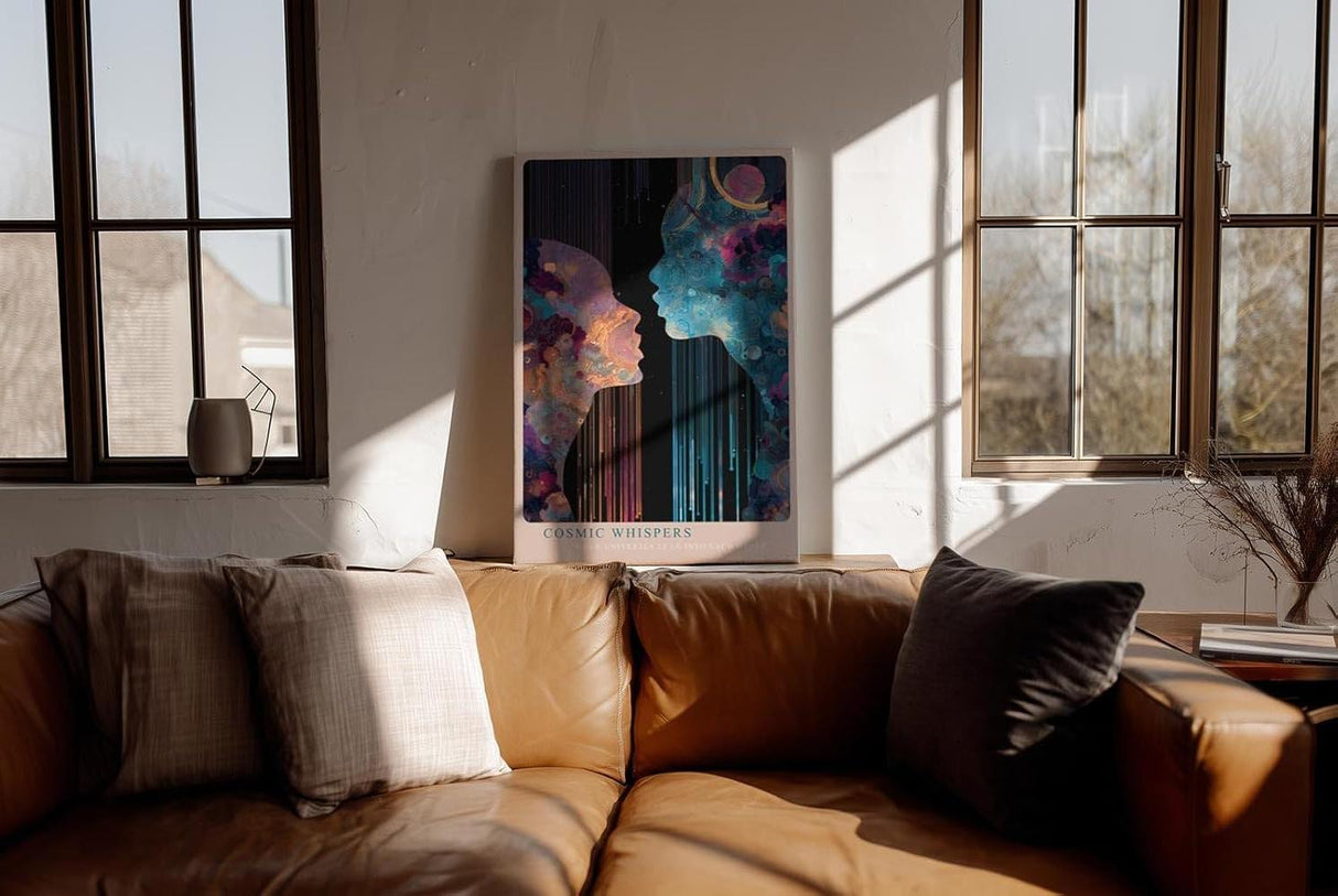 Paul Sinus Wandbild in 40x60cm Cosmic Whispers – zwei Silhouetten im Dialog aus farbenreichen, kosmischen Mustern, moderne Kunst mit Tiefe