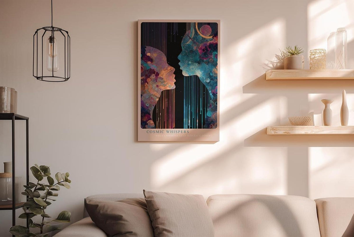 Paul Sinus Wandbild in 40x60cm Cosmic Whispers – zwei Silhouetten im Dialog aus farbenreichen, kosmischen Mustern, moderne Kunst mit Tiefe