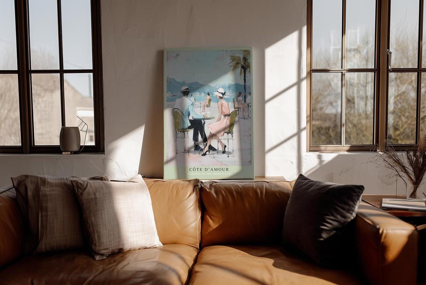 Paul Sinus Wandbild in 40x60cm Côte d’Amour – Romantische Szene eines Paares im Straßencafé an der französischen Küste, impressionistische Bilder in sommerlichen Pastellfarben