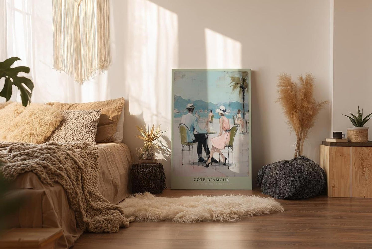 Paul Sinus Wandbild in 40x60cm Côte d’Amour – Romantische Szene eines Paares im Straßencafé an der französischen Küste, impressionistische Bilder in sommerlichen Pastellfarben