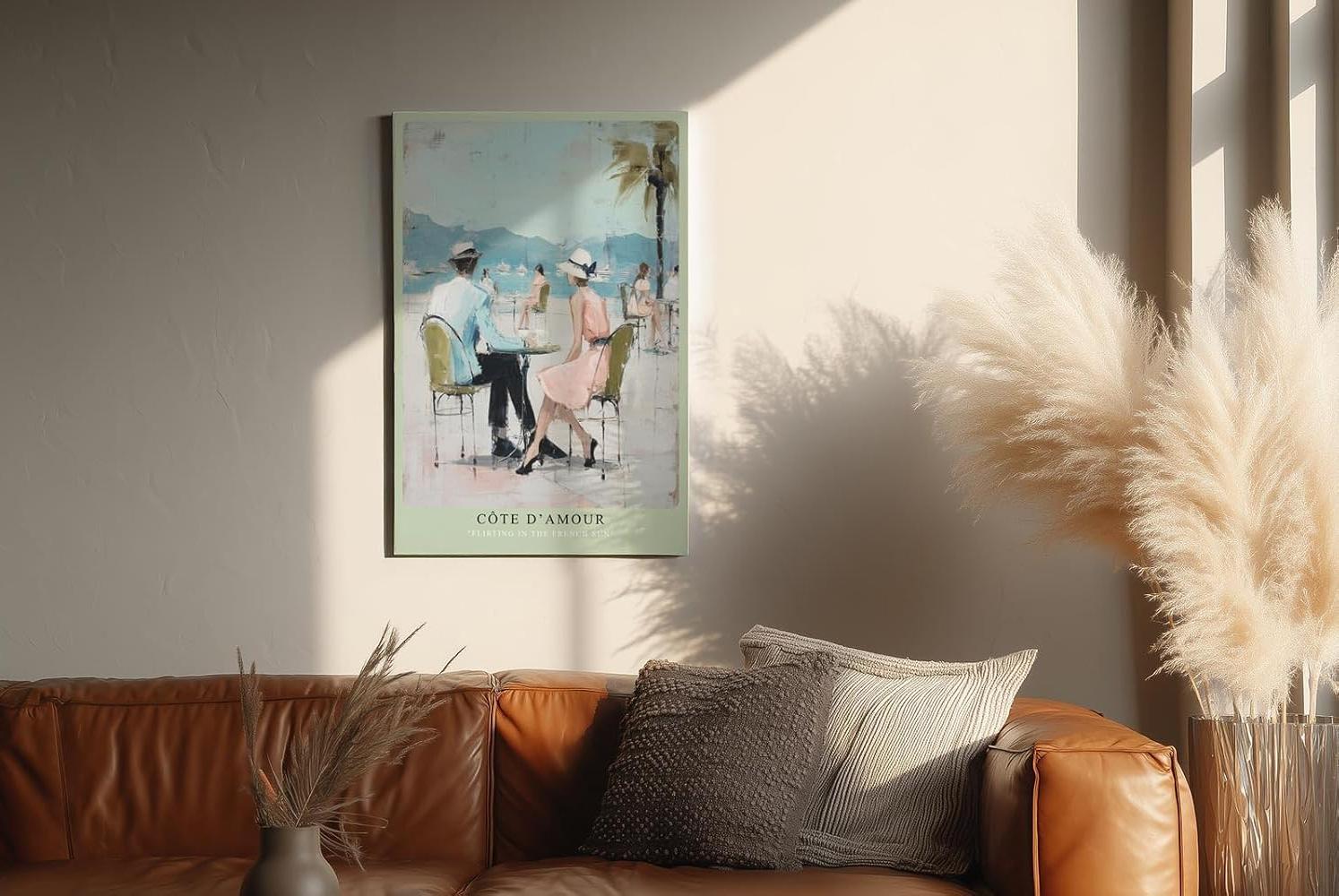 Paul Sinus Wandbild in 40x60cm Côte d’Amour – Romantische Szene eines Paares im Straßencafé an der französischen Küste, impressionistische Bilder in sommerlichen Pastellfarben