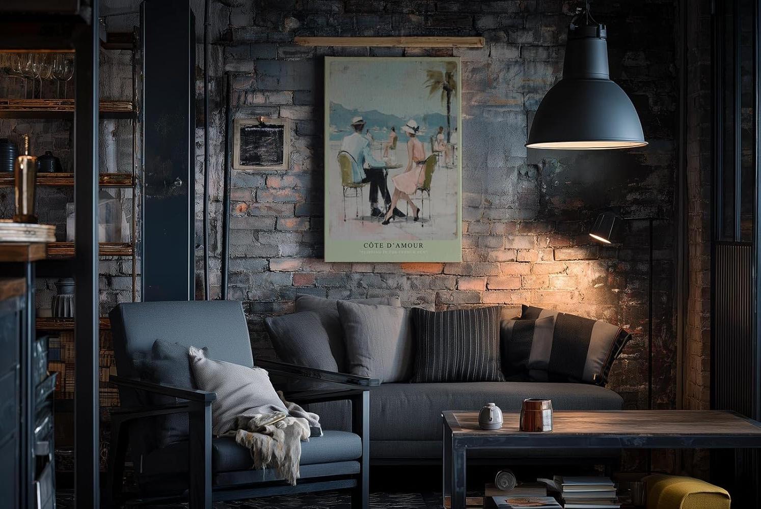 Paul Sinus Wandbild in 40x60cm Côte d’Amour – Romantische Szene eines Paares im Straßencafé an der französischen Küste, impressionistische Bilder in sommerlichen Pastellfarben