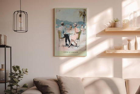 Paul Sinus Wandbild in 40x60cm Côte d’Amour – Romantische Szene eines Paares im Straßencafé an der französischen Küste, impressionistische Bilder in sommerlichen Pastellfarben