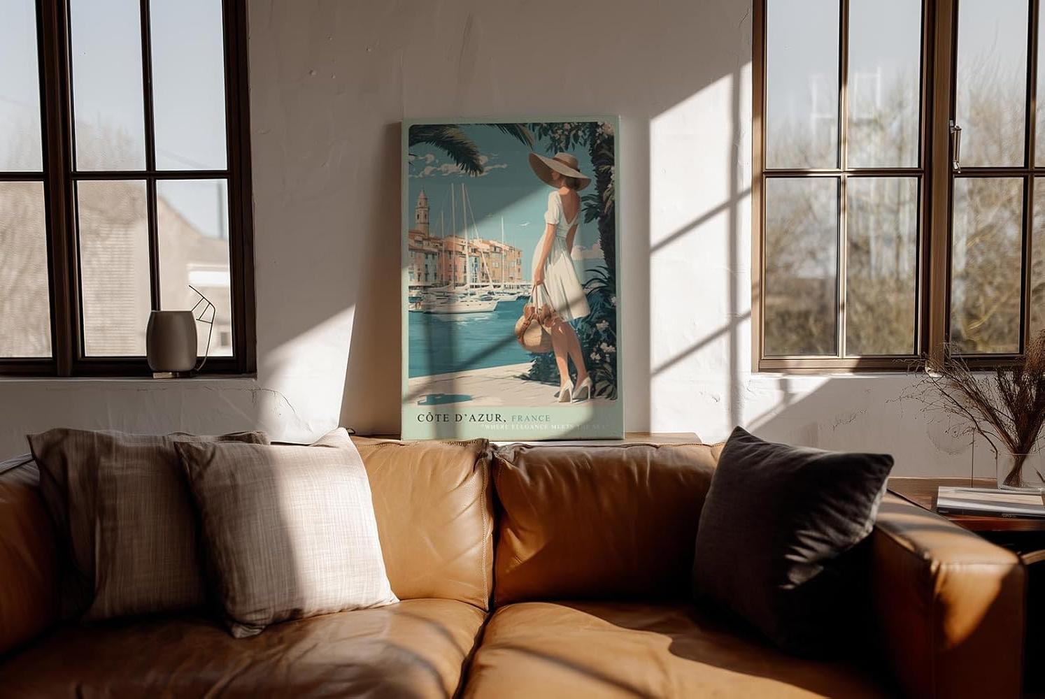 Paul Sinus Wandbild in 40x60cm Côte d’Azur Frankreich Frau am Hafen mediterrane Eleganz auf Leinwand