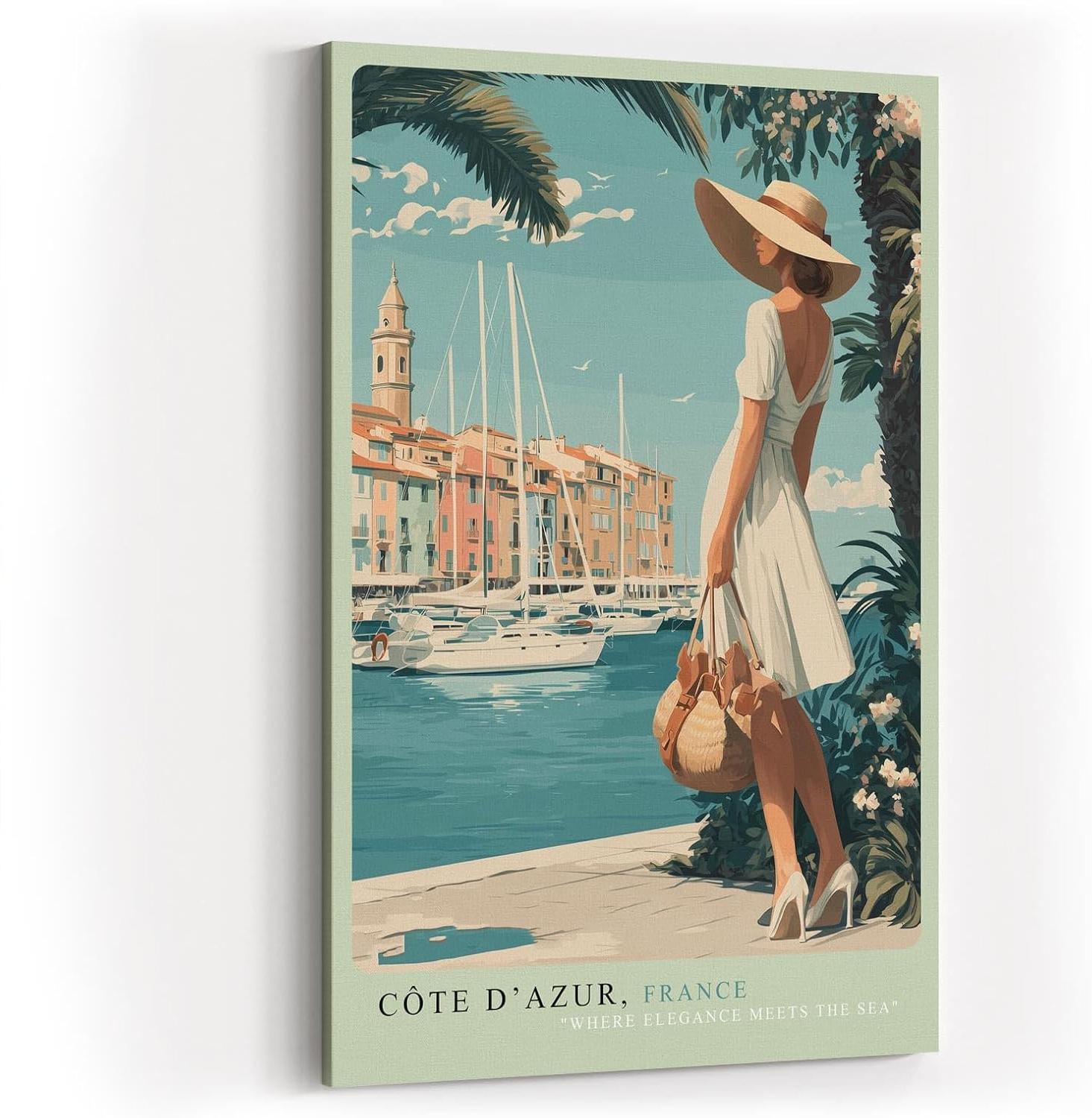 Paul Sinus Wandbild in 40x60cm Côte d’Azur Frankreich Frau am Hafen mediterrane Eleganz auf Leinwand