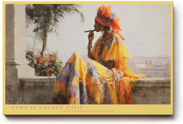 Paul Sinus Wandbild 120x80cm Cuba in Golden Poise Frau mit Zigarre in Havanna Kubanische Kunst Szene fuer Wohnzimmer und Büro