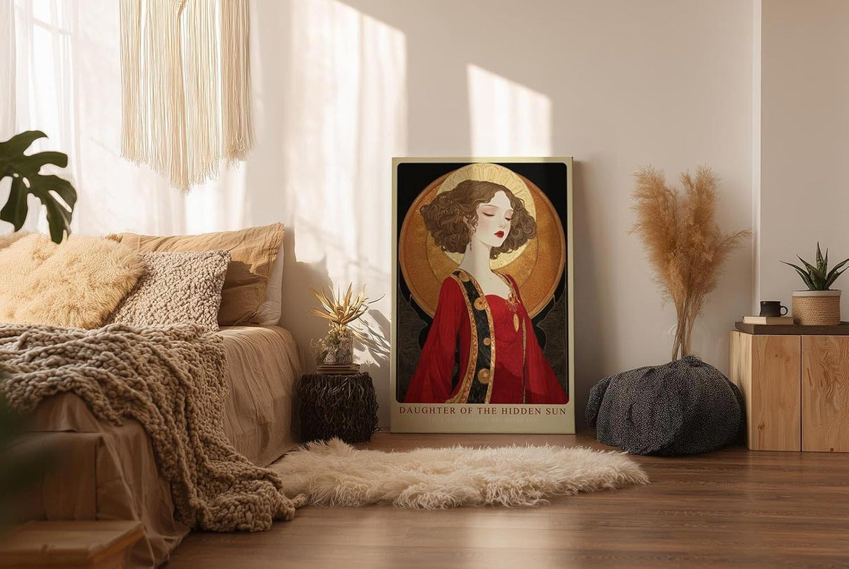 Paul Sinus Wandbild in 40x60cm Daughter of the Hidden Sun Stilisiertes Frauenporträt in Rot und Gold mit ornamentalen Details für luxuriöse Raumgestaltung