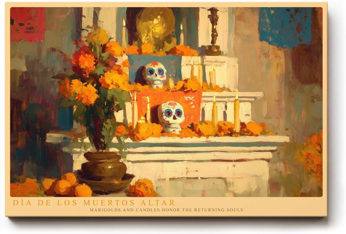 Paul Sinus Wandbild 120x80cm Dia de los Muertos Altar mexikanischer Totentag Altar mit Kerzen und Blumen Kunst Poster für Wohnzimmer Küche