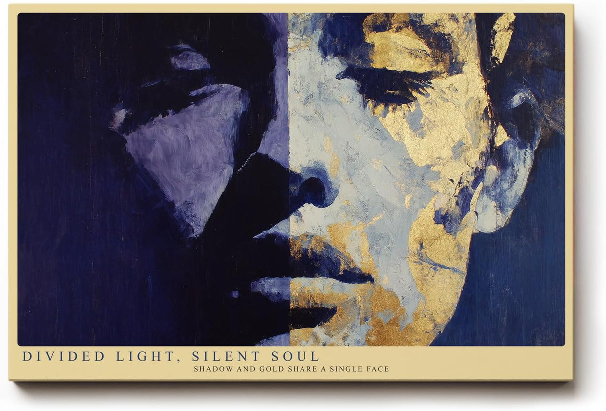 Paul Sinus Wandbild 120x80cm Divided Light Silent Soul modernes abstraktes Portrait in Blau und Gold Poster für Wohnzimmer Büro