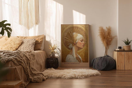 Paul Sinus Wandbild in 40x60cm Divine Femininity elegantes Porträt einer Frau in weiß-goldener Kopfbedeckung vor goldener Strahlenkrone