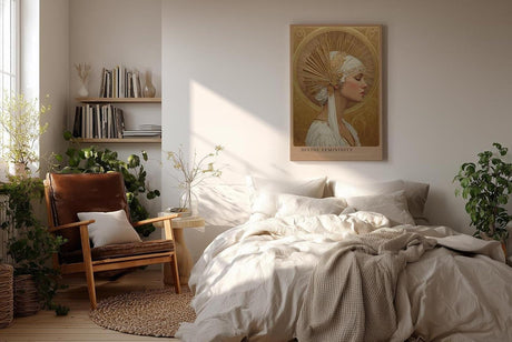 Paul Sinus Wandbild in 40x60cm Divine Femininity elegantes Porträt einer Frau in weiß-goldener Kopfbedeckung vor goldener Strahlenkrone