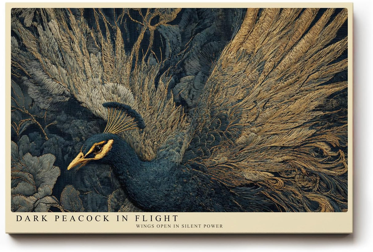 Paul Sinus Wandbild 120x80cm Dunkler Pfau im Flug – Elegante Tierkunst mit goldenen Federstrukturen und luxuriöser Ausstrahlung