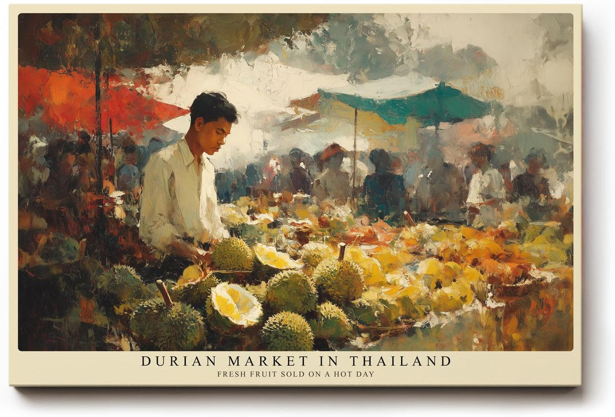 Paul Sinus Wandbild 120x80cm Durian Markt in Thailand – Lebendige Marktszene mit tropischen Früchten und warmen Farben