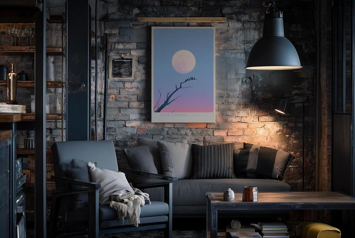 Paul Sinus Wandbild in 40x60cm Dusk Chorus Vögel auf einem Ast vor großem Mond im pastellfarbenen Abendhimmel