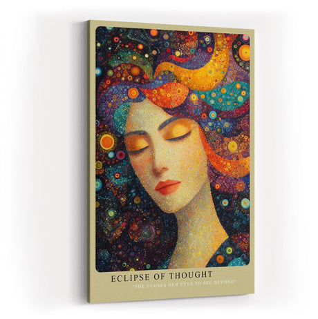 Paul Sinus Wandbild in 40x60cm Eclipse of Thought Künstlerisches Frauenporträt mit bunten, kreisförmigen Mustern im Haar für lebendige und inspirierende Raumgestaltung