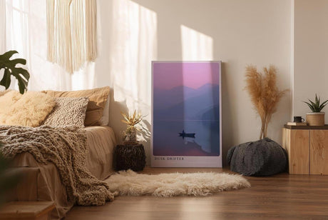 Paul Sinus Wandbild in 40x60cm Einsamer Ruderer bei Sonnenuntergang zwischen Bergketten in sanften Lilatönen