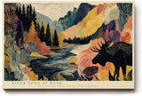 Paul Sinus Wandbild 120x80cm Elch Berglandschaft Fluss Natur Illustration moderne Landschaft Kunst Wanddekoration Wohnzimmer