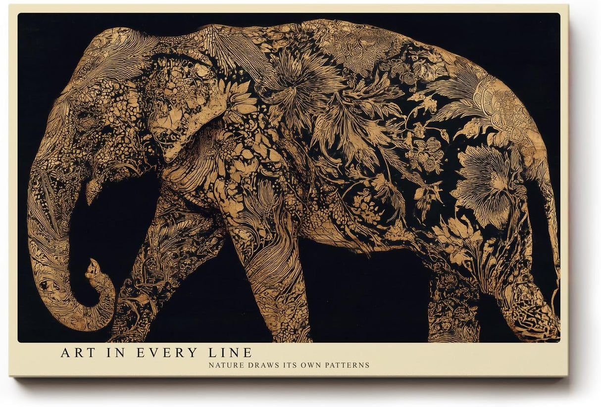 Paul Sinus Wandbild 120x80cm Elefant Ornament Kunst gold schwarz Tierillustration elegante Leinwand Wanddekoration exotisches Tiermotiv fuer Wohnzimmer Büro