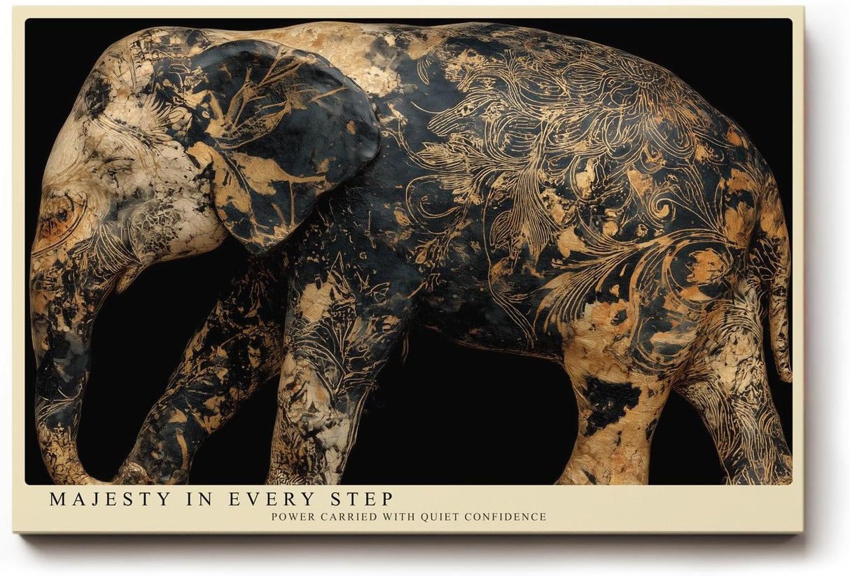 Paul Sinus Wandbild 120x80cm Elefant Ornamente schwarz gold moderne Tierkunst elegantes Kunstbild exotische Wanddekoration fuer Wohnzimmer Büro