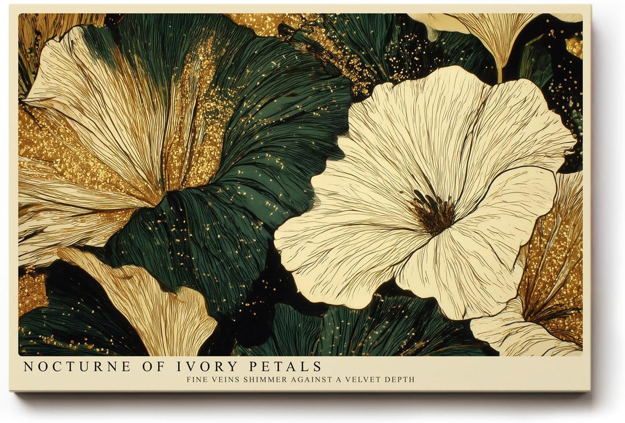 Paul Sinus Wandbild 120x80cm Elegante Blumen Gold Dunkelgruen Florale Kunst Modernes Naturmotiv mit edler Farbkomposition