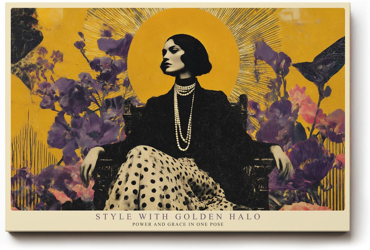Paul Sinus Wandbild 120x80cm Elegante Frau mit goldenem Halo – Stilvolle Modekunst mit floralen Elementen für moderne Wohnräume