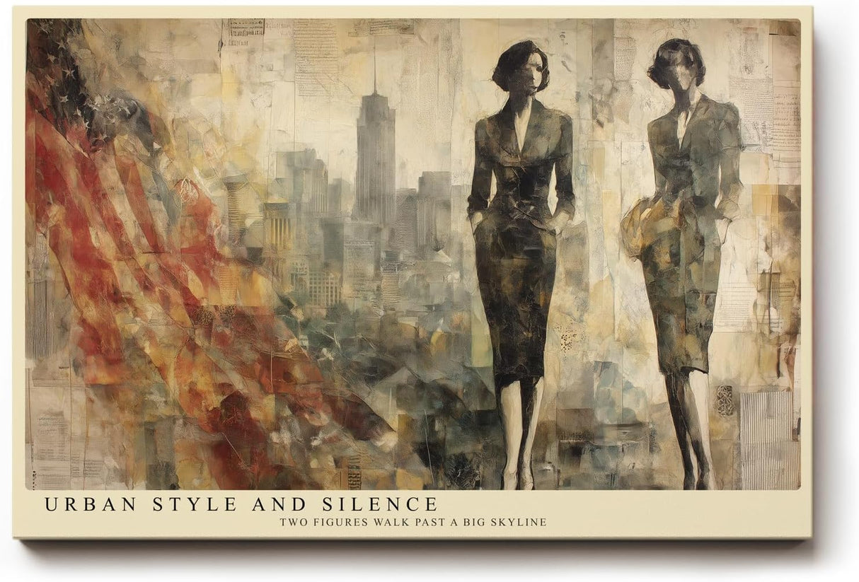 Paul Sinus Wandbild 120x80cm Elegante Frauen vor Skyline Moderne Stadt Collage Kunst in Beige Gold Wanddekoration